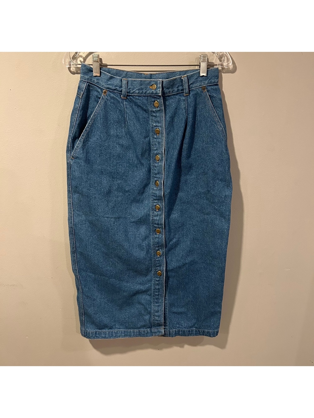 Vintage 90 Russ Sport Button Front Pencil Jean Denim Skirt Womens 10 teachercore